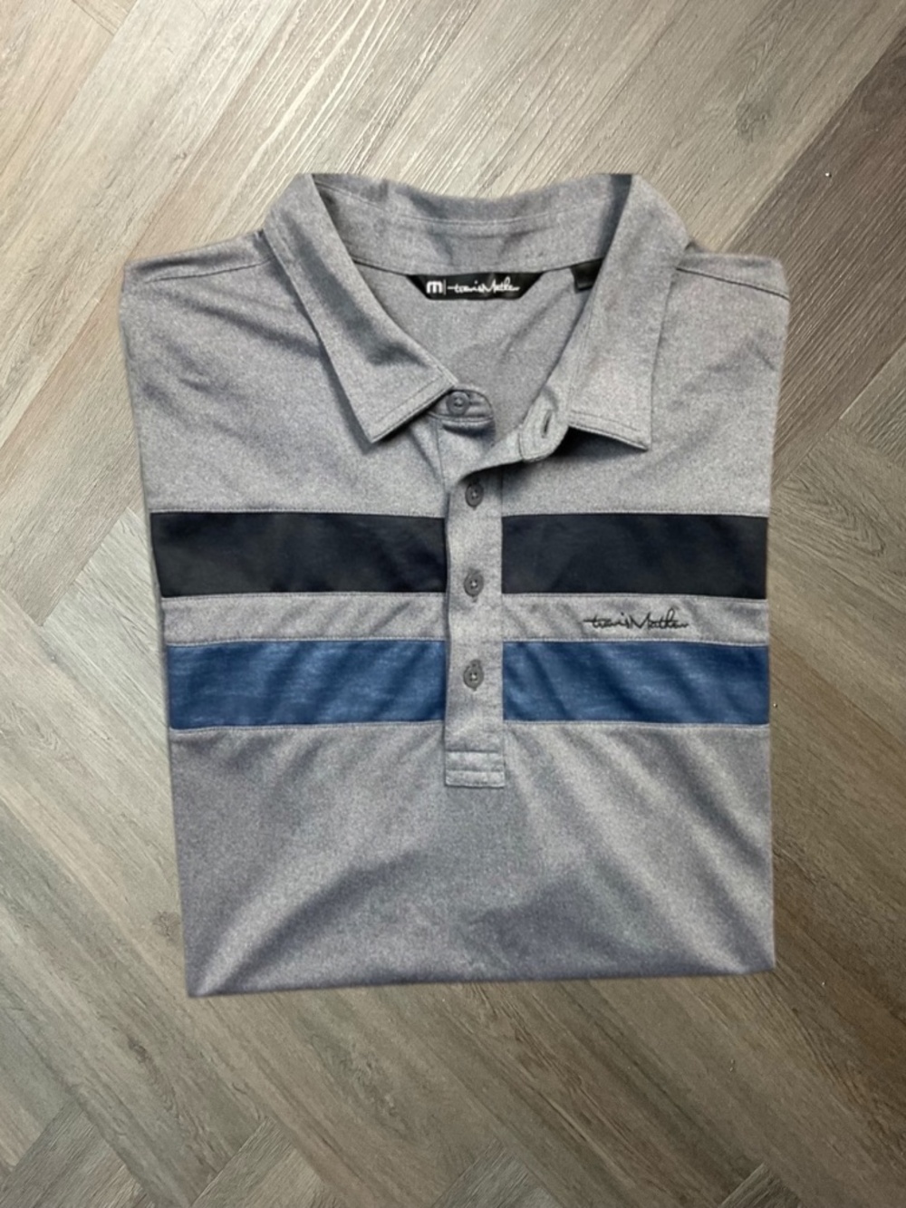Travis Mathew Striped Preppy Tennis Golf‎ Polo Shirt Mens XXL Gray Black Blue
